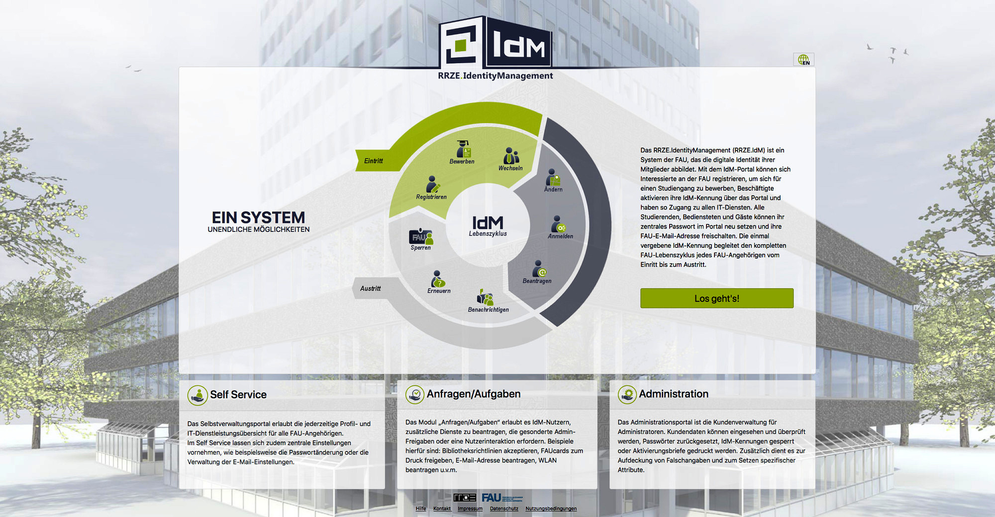 Webseiten-Screenshot des IdM-Portals. Im Zentrum ist der Button "Los geht's!"; darunter werden die Bereiche "Self Service", "Anfragen/Aufgaben" und "Administration" angezeigt.
