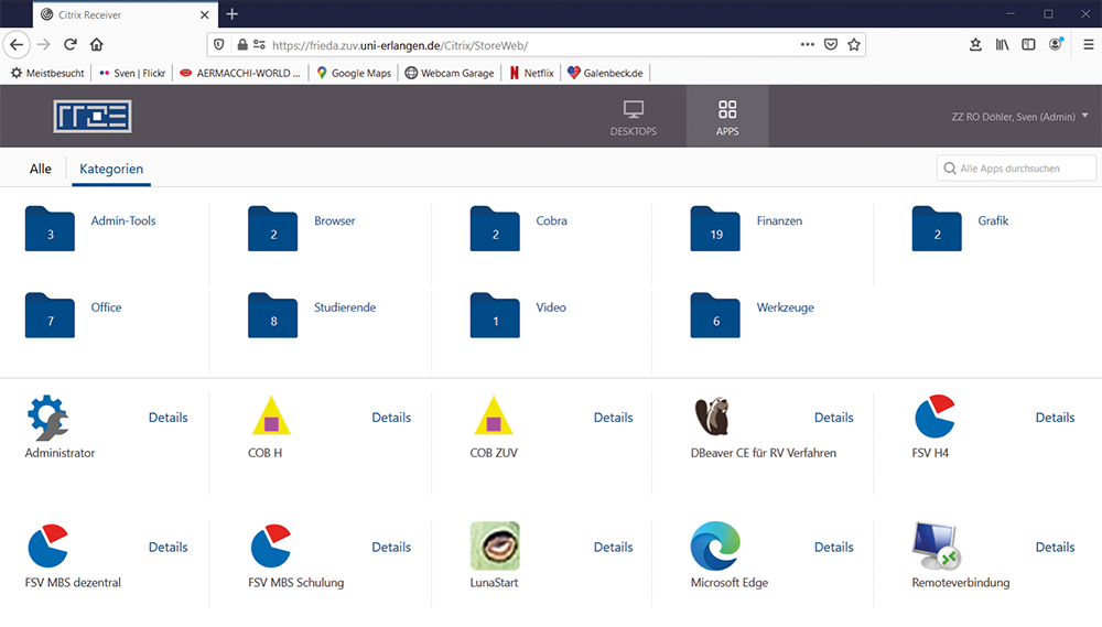 Sreenshot der neuen Benutzeroberfläche „StoreFront“ mit Icons zu den verschiedenen Kategorien für einen Direktzugriff auf Werkzeuge, Video, Studierende, Office, Grafik, Finanzen, Cobra, Admin-Tools, Browser und diverse andere.