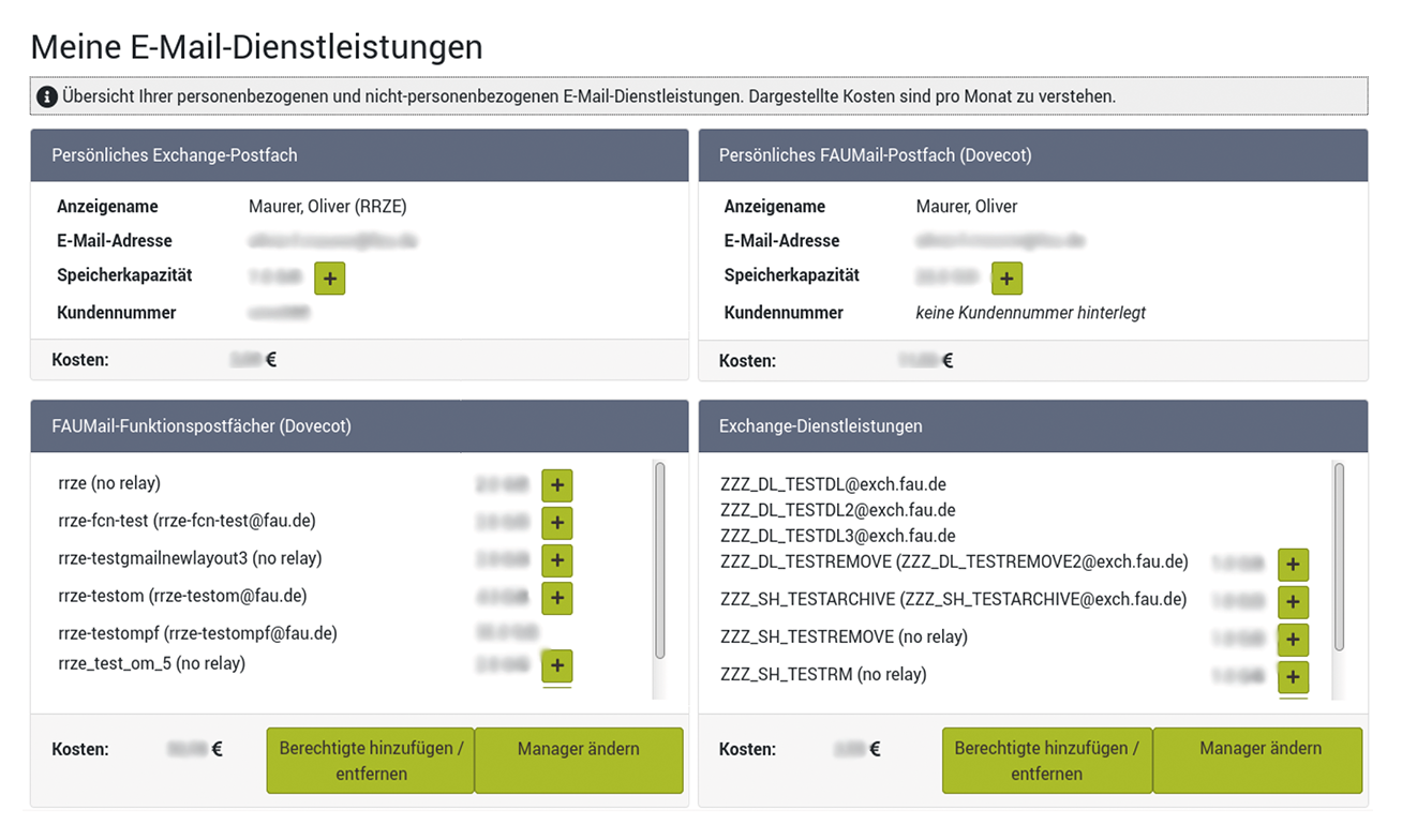 Screenshot der Startseite des E-Mail-Administrationsbereichs, auf der alle E-Mail-Dienstleistungen wie auf einen Blick zu sehen sind.