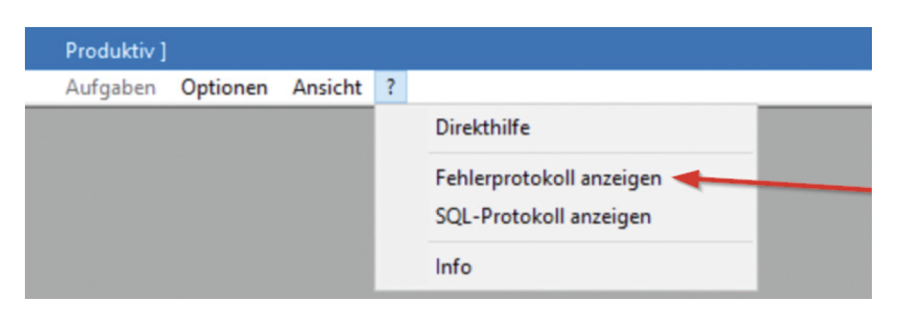 Screenshot des Hilfe-Menüs, zu finden unter dem Fragezeichen-Symbol, mit Anzeige des Dropdownmenüs, wo der Curser auf "Fehlerprotokoll anzeigen" gerichtet ist