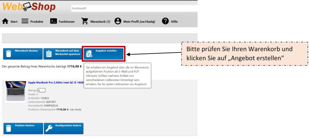 WebShop: Screenshot der Benutzeroberfläche, die zeigt, wie man ein Angebot erstellt