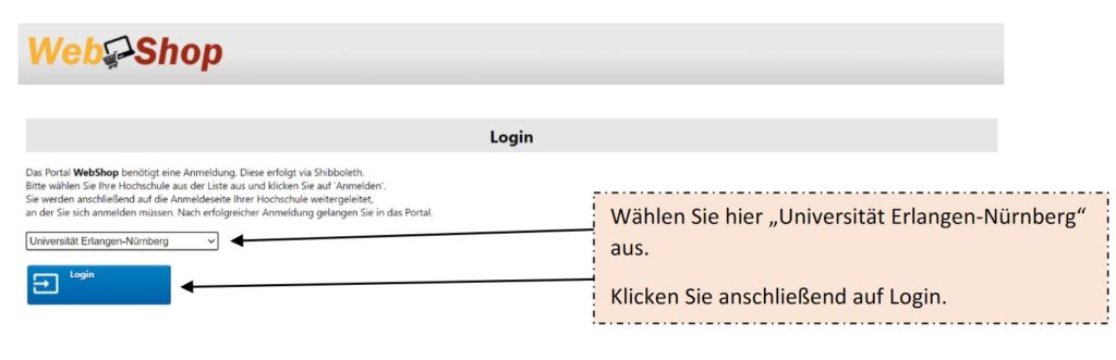 Screenshot des Loginbereichs des WebShops der bayerischen Hochschulen