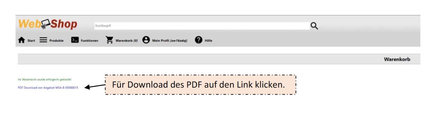 WebShop: Benutzeroberfläche, auf der zu sehen ist, wie das Bestell-Bestätigungs-PDF heruntergeladen werden kann
