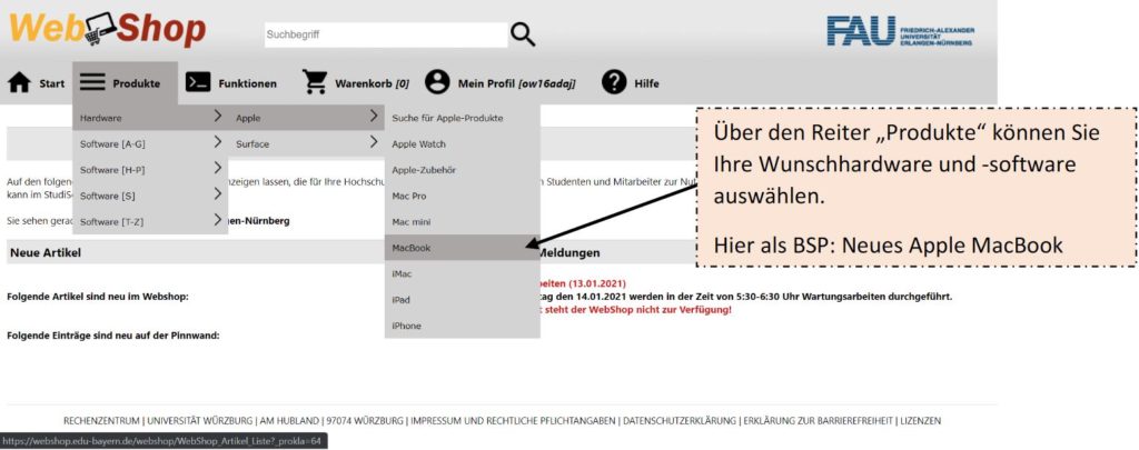 Benutzeroberfläche des Webshops, auf dem der Produktauswahlvorgang zu sehen ist