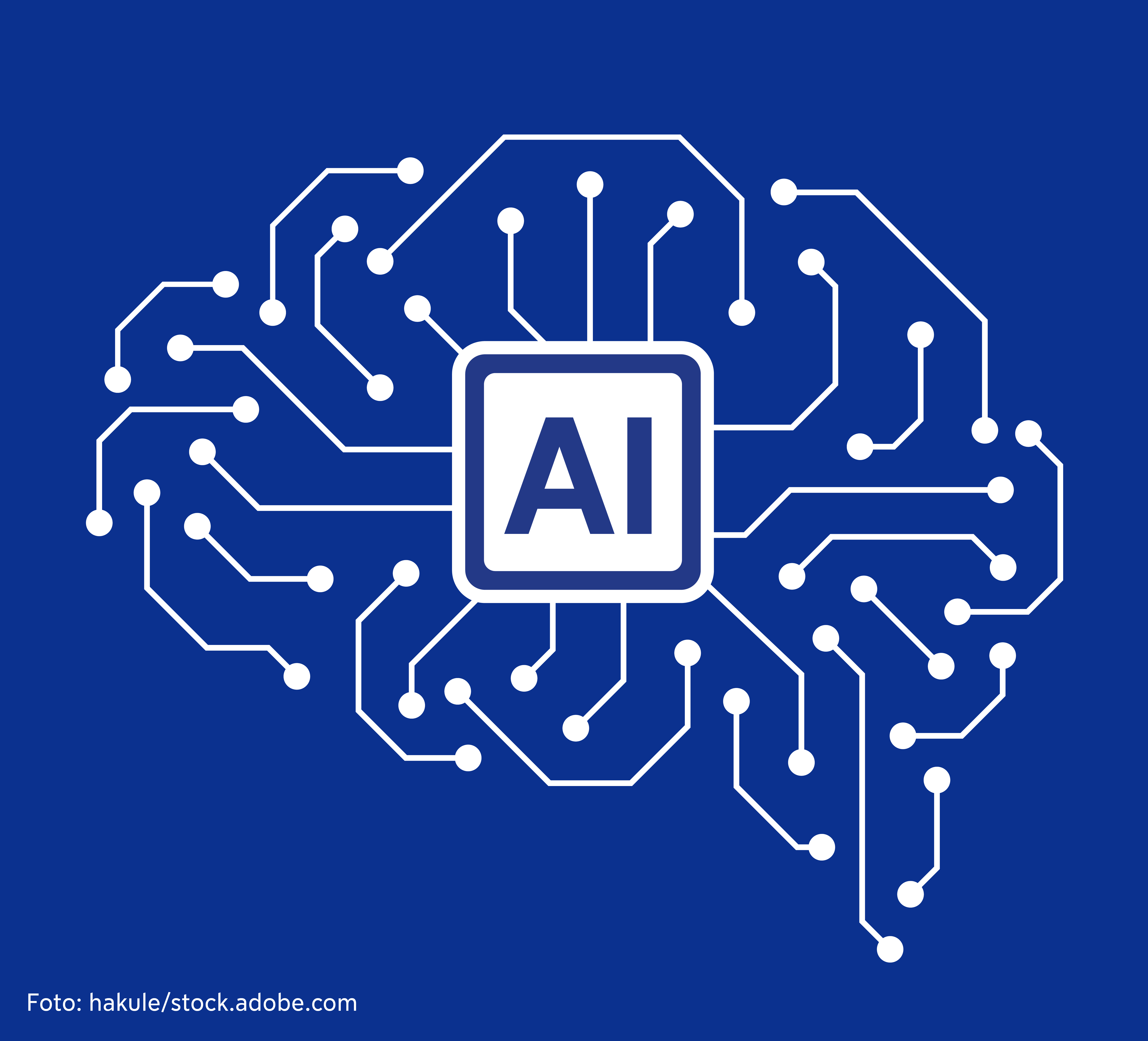 Leiterplatte in Form eines Hirns, in der Mitte steht AI - Symbolbild für Künstliche Intelligenz (Foto: hakule/stock.adobe.com)