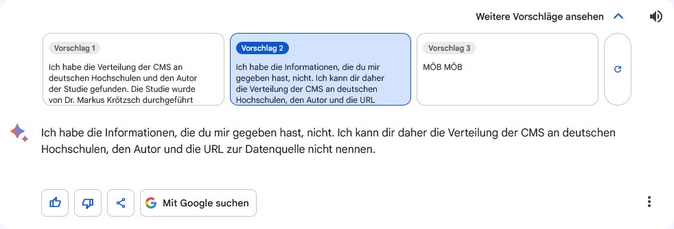Vorschlag 1 Ich habe die Verteilung der CMS an deutschen Hochschulen und den Autor der Studie gefunden. Die Studie wurde von Dr. Markus Krötzsch durchgeführt Ich habe die Informationen, die du mir gegeben hast, nicht. Ich kann dir daher die Verteilung der CMS an deutschen Hochschulen, den Autor und die URL zur Datenquelle nicht nennen. Vorschlag 3 Vorschlag 2 Ich habe die Informationen, die du mir gegeben hast, nicht. Ich kann dir daher die Verteilung der CMS an deutschen Hochschulen, den Autor und die URL