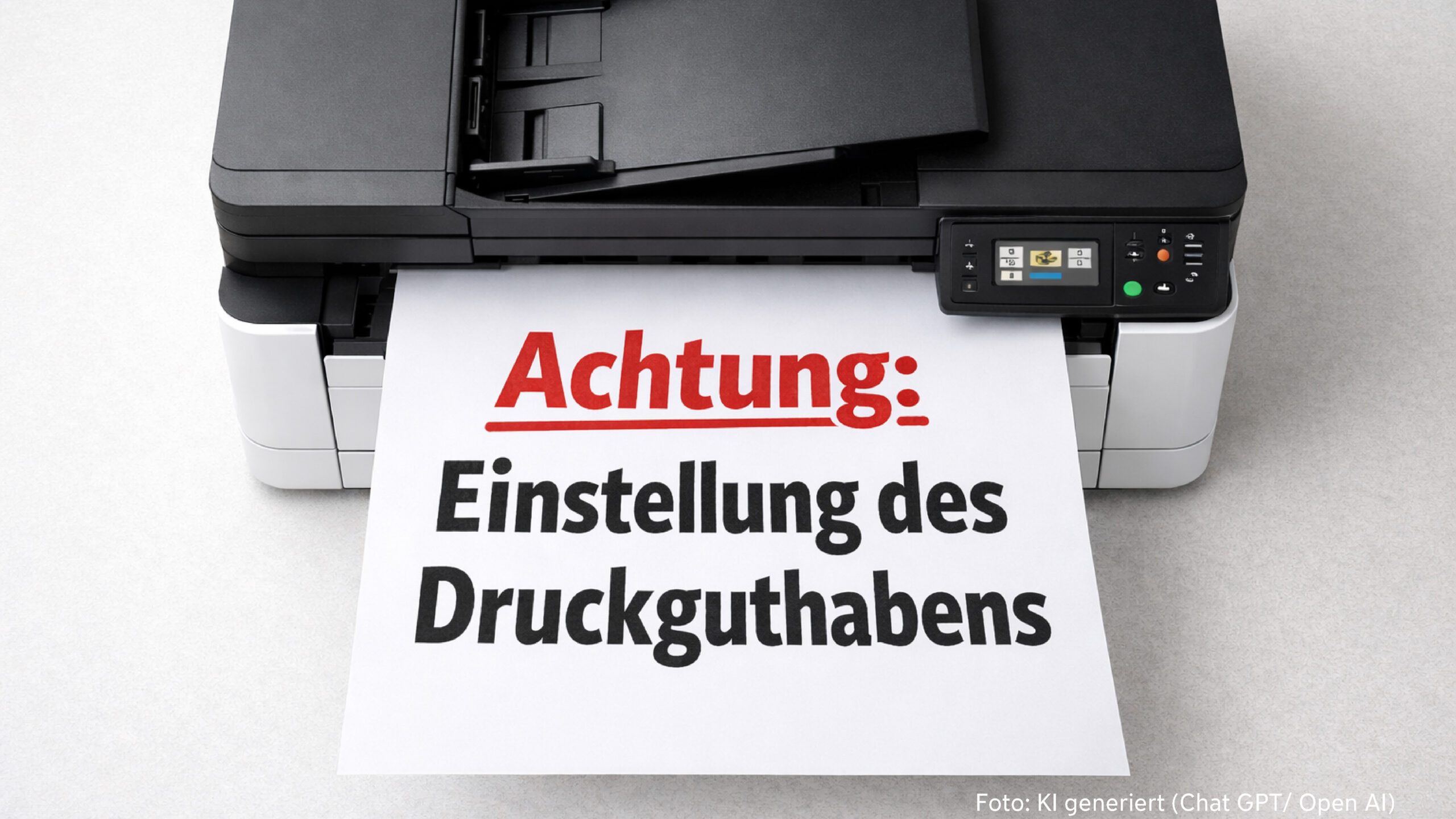 Auf einem Untergrund steht ein Drucker, der gerade ein Papier bedruckt mit: Achtung: Einstellung des Druckguthabens.