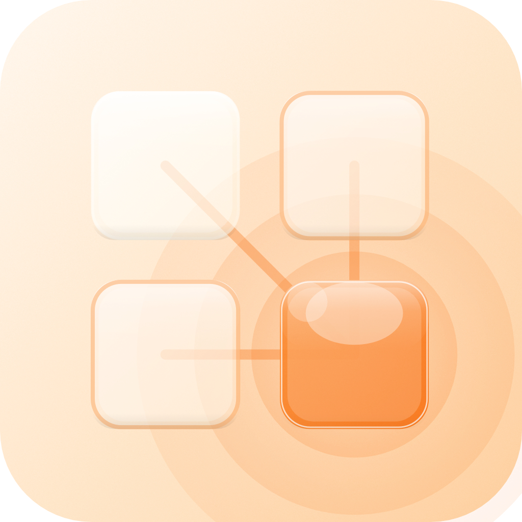 Das App-Icon von Fleety sind vier Quadrate, die in einem Quadrat angeordnet sind. Das Quadrat rechts unten ist orange eingefärbt, von ihm gehen drei Linien zu den anderen drei, weiß gefärbten Quadraten.